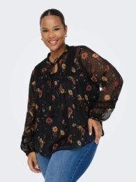 Sheer black floral plus size blouse with china collar, lace details, and long sleeves – Only Cartessa Top. 