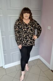 Plus size clothing – ONLY Cartilly long sleeve V-neck top in black with neutral print, sustainable viscose