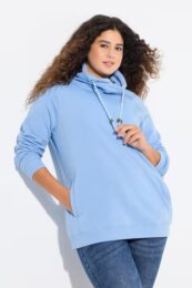 plus size clothing Ulla Popken light blue cowl neck sweatshirt with drawstring collar