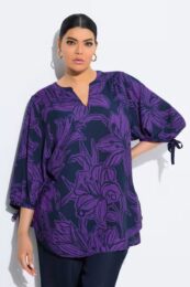 Ulla Popken viscose blouse in navy with purple lily print, split neckline, and 3/4 balloon sleeves