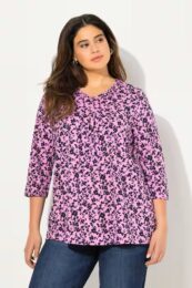 Amethyst floral 3/4 sleeve v-neck Ulla Popken tee with feminine pleats