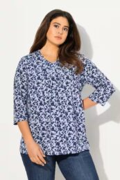 Ulla Popken floral top in light blue with navy flower print, v-neck, pleats, and 3/4 sleeves