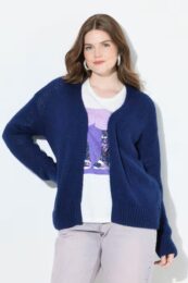Ulla Popken cardigan in navy blue with v-neck, open shape, and ribbed cuffs