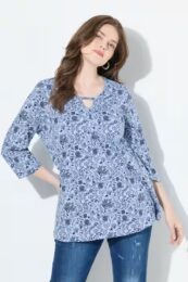plus size clothing Ulla Popken Floral Paisley Tee (Light Blue) with v-neck ribbon detail