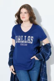 Ulla Popken Dallas T-shirt in royal blue with v-neck and white “Dallas Texas” lettering
