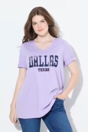 Lilac Dallas lettering v-neck short sleeve tee by Ulla Popken