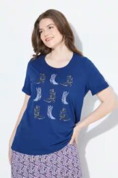 Ulla Popken cowboy tee in blue with scoop neck, short sleeves, and cowboy boot print on chest