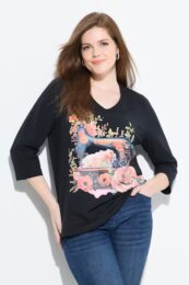 Ulla Popken graphic tee in navy with floral sewing machine print, v-neck, and 3/4 sleeves