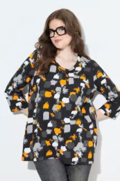 plus size clothing Ulla Popken Graphic Print 3/4 Sleeve Tee with scoop neck and pleats