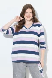 Ulla Popken top striped knotted hem long sleeve with v-neck design