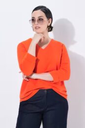 Ulla Popken textured top in bright orange with v-neck and 3/4 turn-up sleeves