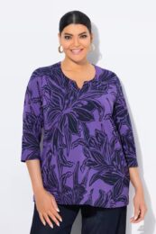 Ulla Popken leaf tee in amethyst purple with black leaf print, split neckline, and 3/4 sleeves