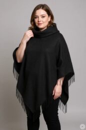 Plus size clothing VERO MODA black poncho with high collar and fringe details