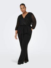 Plus size clothing – ONLY Carbetsy black jumpsuit with lace 3/4 sleeves, belted waist, and side pockets
