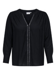 Plus size clothing – Black long sleeve V-neck blouse with crystal stud trim, LENZING™ ECOVERO™ viscose