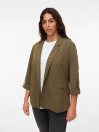 Plus size clothing – Vero Moda olive green blazer with fold-up sleeves, tie cuffs, and front pockets