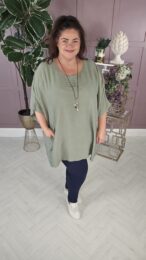 Khaki Kaftan Style Top with round neckline, dropped sleeves, and relaxed free-size fit – soft woven fabric from Michelle’s Curvy Boutique.