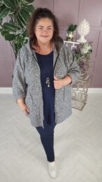 Danny Grey Teddy Coat with hood, zip front, and cosy teddy texture – soft wool-blend outerwear from Michelle’s Curvy Boutique.