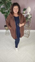 Danny Brown Teddy Coat with hood, zip front, and cosy teddy texture – soft wool-blend outerwear from Michelle’s Curvy Boutique.