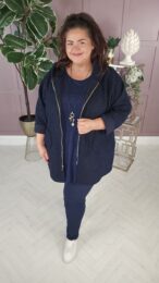 Danny Navy Teddy Coat with hood, zip front, and pockets – cosy wool-blend outerwear styled by Michelle’s Curvy Boutique.