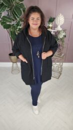 Danny Black Teddy Coat with hood, front zip, and pockets – cosy wool blend outerwear styled by Michelle’s Curvy Boutique.