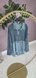 Green Button Peplum Top – long sleeve, tiered peplum blouse with faux layered blouse-and-jumper look from Michelle’s Curvy Boutique.