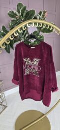 MioMio Burgundy Leopard Top – soft velour long-sleeve top with sparkling rhinestone motif and leopard print M from Michelle’s Curvy Boutique.