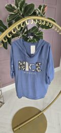 Nice Memories Blue Top – relaxed V-neck hooded top with rhinestone embellished “Nice Memories” motif from Michelle’s Curvy Boutique.