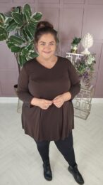 ModaItalia Magic Top (Brown) – slinky brown V-neck A-line top with ¾ sleeves from Michelle’s Curvy Boutique.