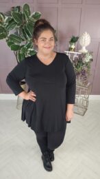 ModaItalia Magic Top (Black) – slinky black V-neck A-line top with ¾ sleeves from Michelle’s Curvy Boutique.