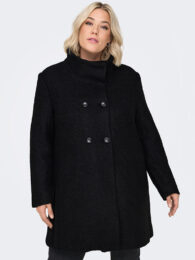 ONLY Black Wool Coat with high neck, long sleeves, double-breasted fastening, side pockets, and warm wool-blend fabric.