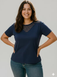ONLY Carfoila Top in navy with metallic finish, V-neckline, and 3/4 puff sleeves