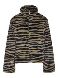 NOISYMAY Zebra Fur Jacket with high neck, long sleeves, zip-up front, and side pockets in soft faux fur.