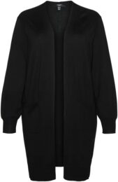 VeroModa Open Cardigan Black with two front pockets, ribbed cuffs, knee-length design, and soft viscose-blend knit.