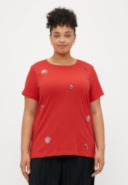 ONLY Red CandyCane T-Shirt – red cotton tee with sequin candy cane and snowflake details, round neck and short sleeves.