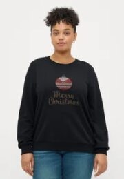 ONLY Merry Christmas Jumper – black sweatshirt with sequin Christmas bauble and Merry Christmas text, round neck, long sleeves and ribbed cuffs.