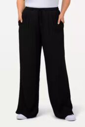 UllaPopken Wide Leg Pants – black viscose crinkle trousers with drawstring elastic waist, slash pockets, and soft wide-leg silhouette.