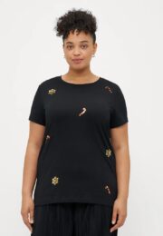 ONLY Black CandyCane T-Shirt – black cotton tee with gold snowflake and red-and-white sequin candy-cane details, round neck and short sleeves.