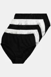 UllaPopken Stretch Cotton Underwear (5pk) – black and white cotton briefs with elastic waist and satin bow from Michelle’s Curvy Boutique.