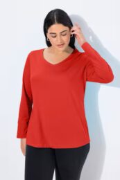 UllaPopken Cotton Tee (Salsa) – soft V-neck long-sleeve top in cotton knit from Michelle’s Curvy Boutique.