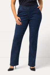 UllaPopken Straight Stretch Jeans – dark blue denim straight-leg jeans with elastic waistband, side pockets, and soft stretch cotton fabric.