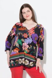 UllaPopken Country Floral Tee – vibrant multicolour floral print on black with split neckline and 3/4 sleeves from Michelle’s Curvy Boutique.