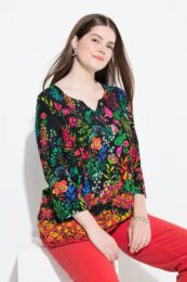 UllaPopken Split Neck Tee – black 3/4 sleeve top with colourful floral print, split neckline, and soft stretch viscose fabric.