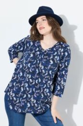 UllaPopken Cowboy Tee (Blue) – blue cotton top with cowboy boot print, rounded V-neck, 3/4 sleeves, and asymmetric pointed hemline.