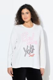 UllaPopken Believe LS Tee – off-white long-sleeve cotton top with sequined “Believe in Yourself” lettering from Michelle’s Curvy Boutique.