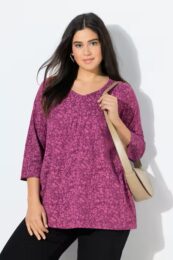 UllaPopken Raspberry Pleated Tee – V-neck, 3/4 sleeves, and flared hemline in soft cotton comfort.
