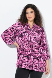 UllaPopken 3/4 Sleeve Blouse – raspberry pink floral viscose blouse with split neckline, elastic cuffs, and rounded hemline.
