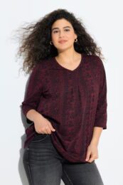 UllaPopken Mixed Pattern Tee – burgundy and black V-neck top with pintuck detail, 3/4 sleeves, and a softly flared cotton silhouette.