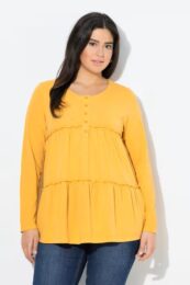 UllaPopken Ruffled Flounce Tee – sunny yellow long-sleeve cotton top with ruffled cross-seams, tiered flounce silhouette, and decorative button placket.