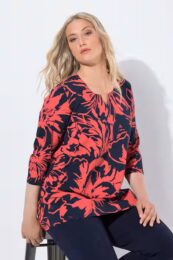 UllaPopken Paprika Floral Tee with split neckline and 3/4 sleeves in red and navy floral design.